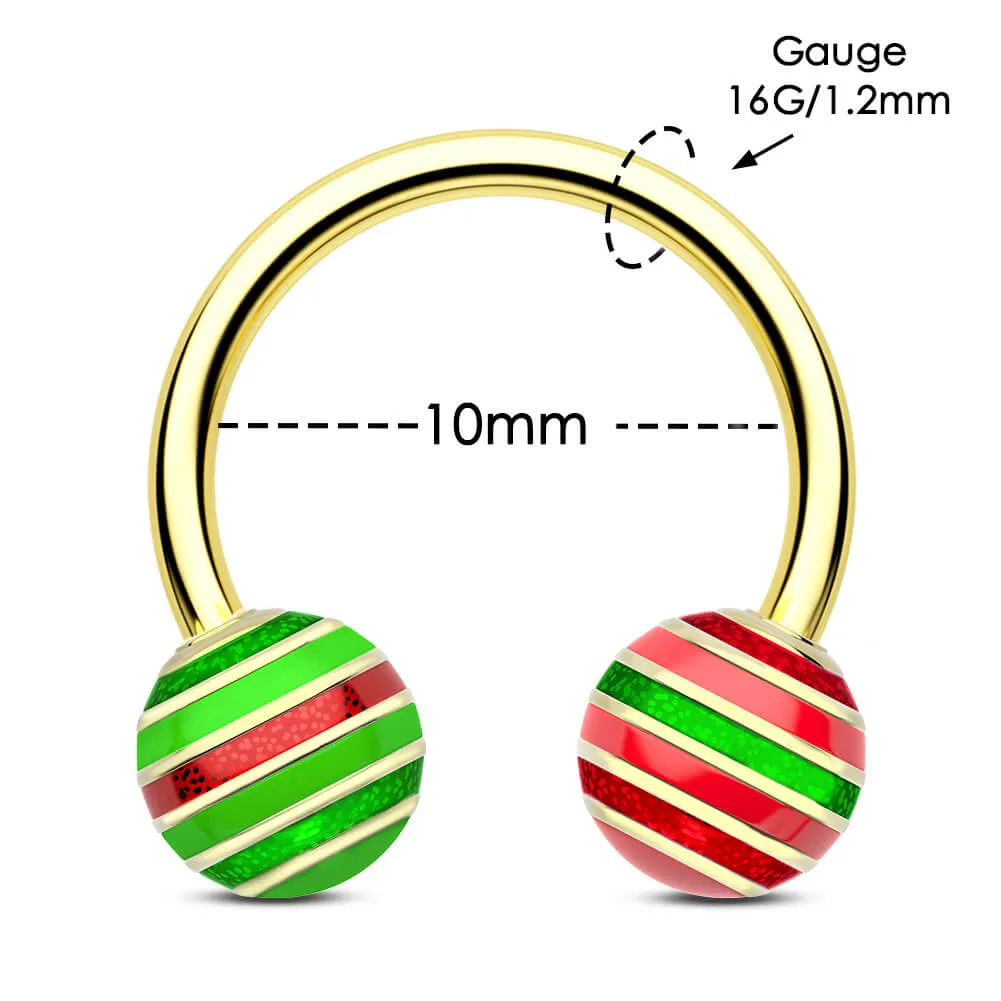 16G Internally Threaded Christmas Baubles Striped Pattern Horseshoe Septum Ring