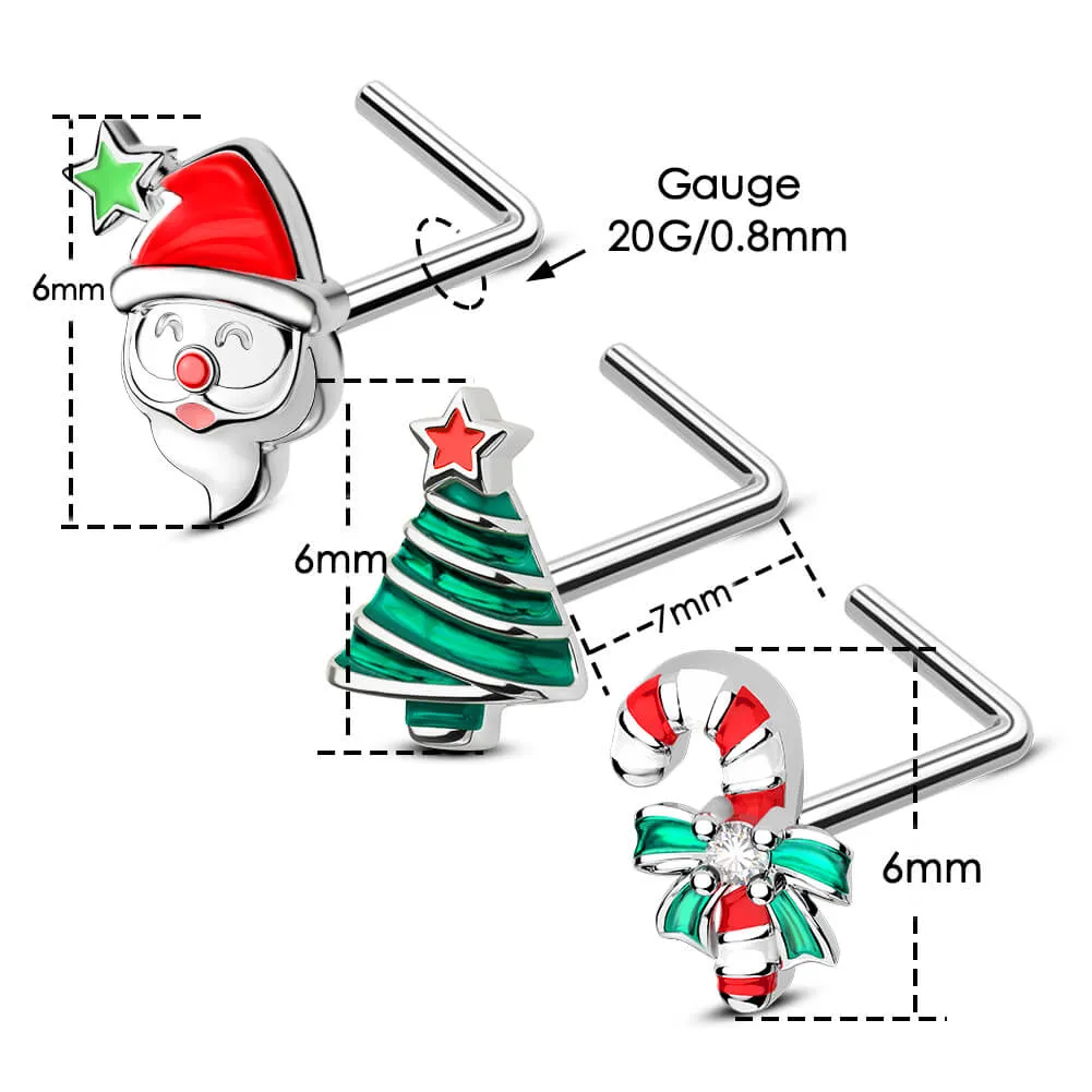 20G Merry Christmas Santa/Tree/Candy Cane Nose Studs Pack