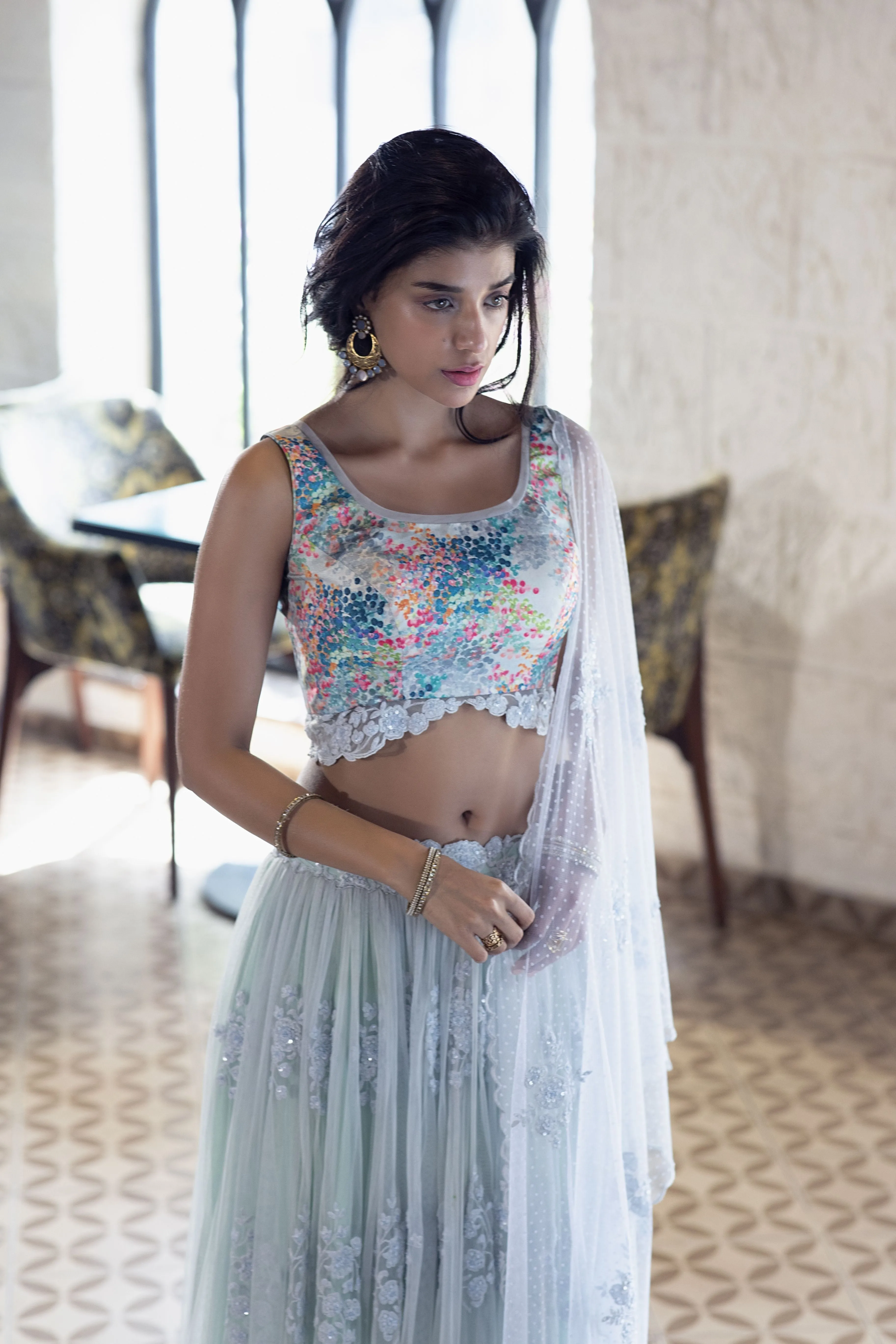 Colorful Dotted Blouse and High-Low Lehenga - Chic Ethnic Wear
