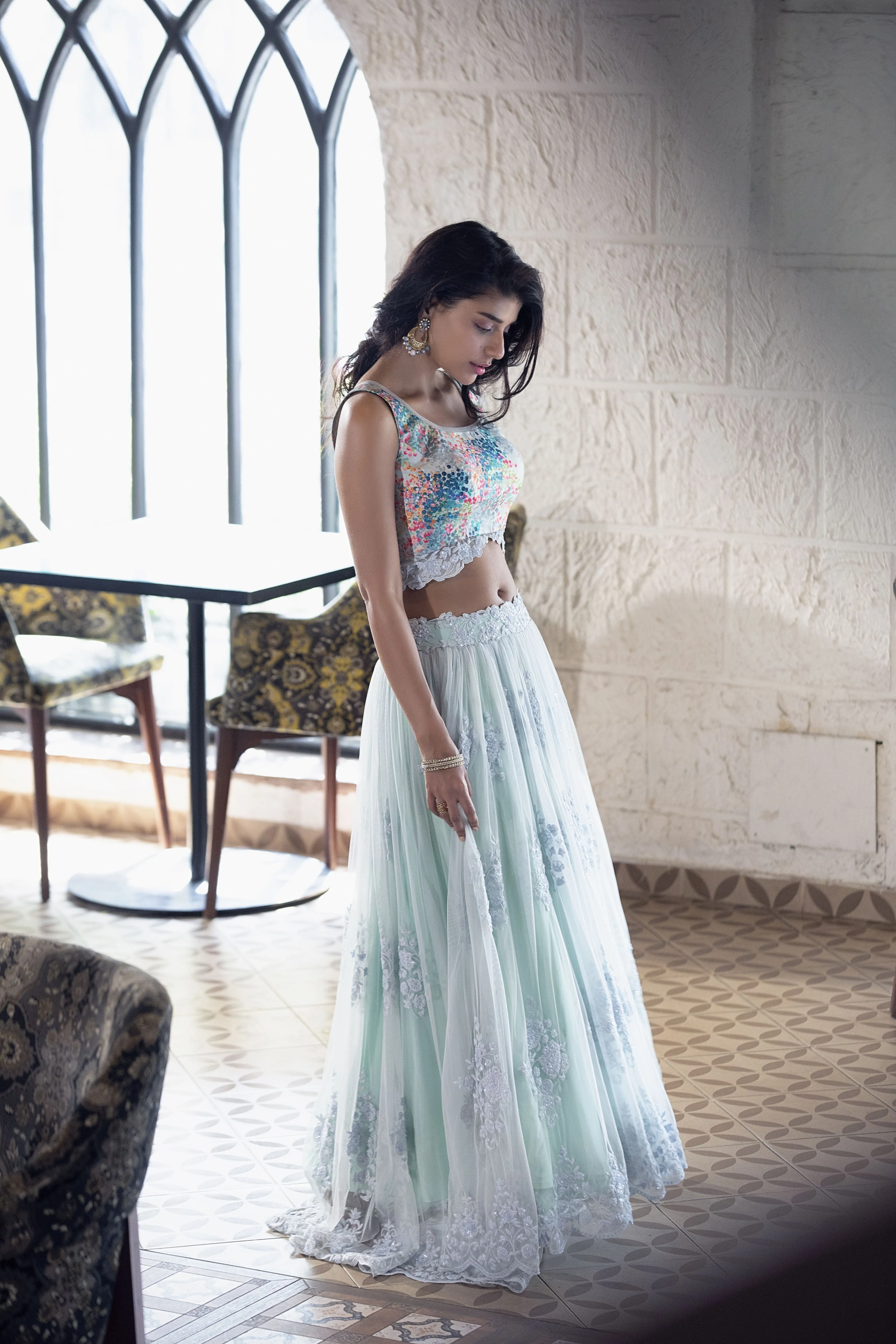 Colorful Dotted Blouse and High-Low Lehenga - Chic Ethnic Wear