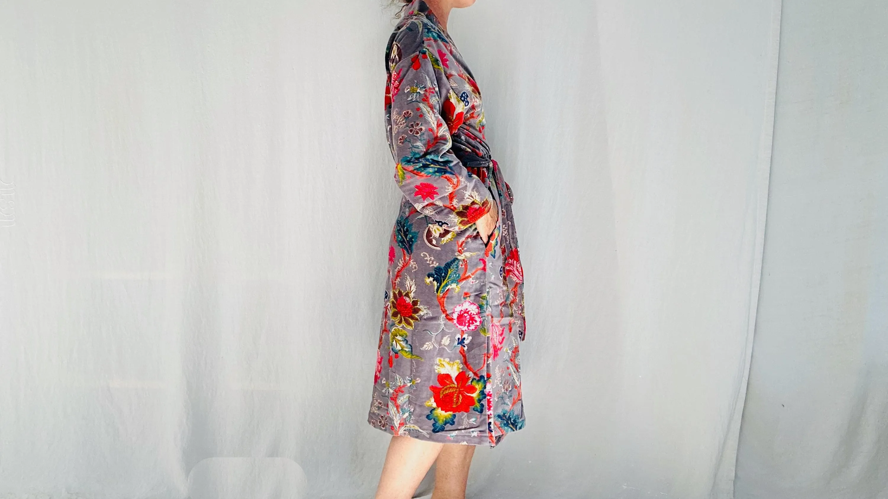Cotton Velvet Luxurious Printed Robe. Floral Velveteen Bathrobe