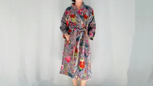 Cotton Velvet Luxurious Printed Robe. Floral Velveteen Bathrobe