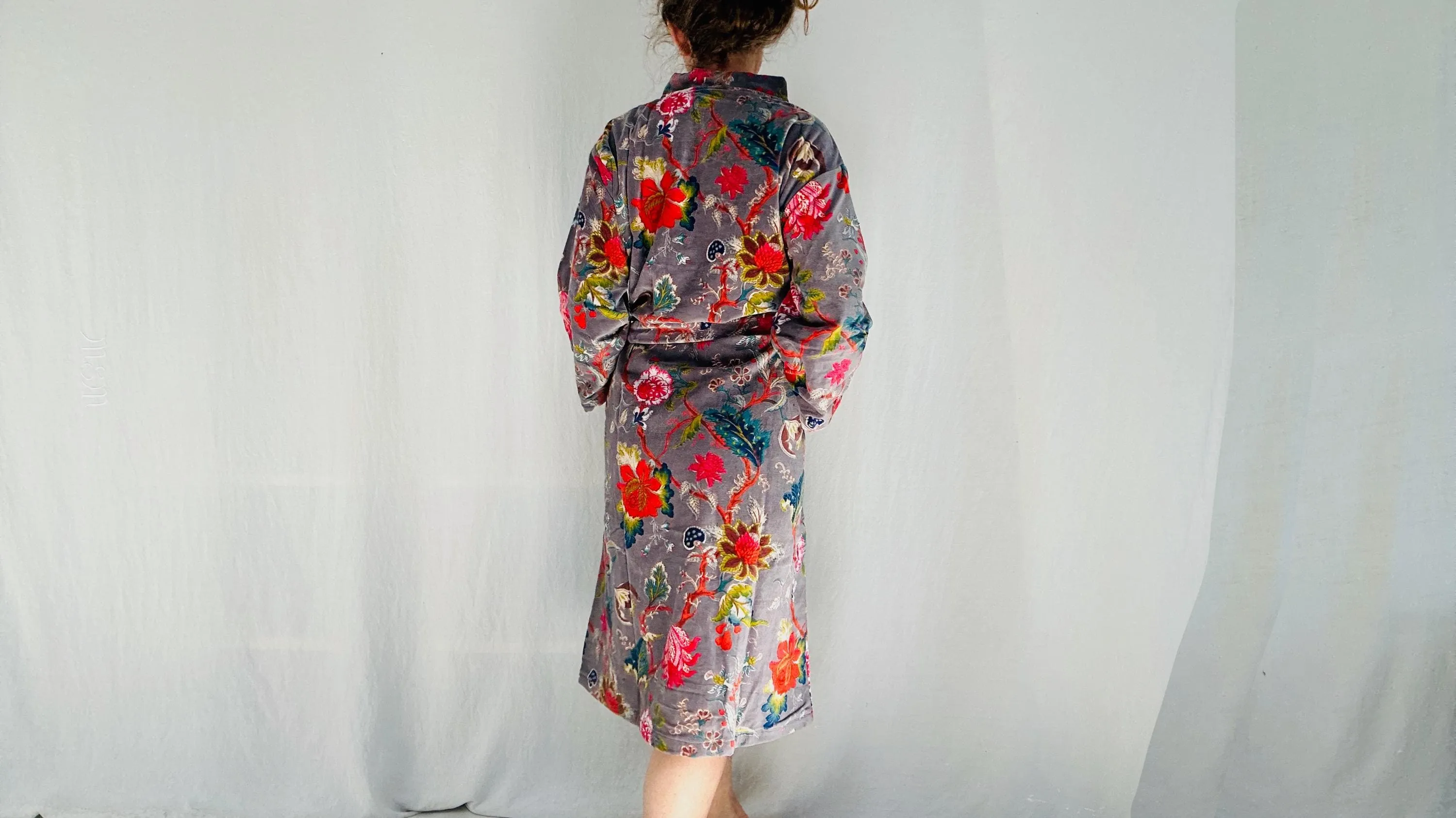 Cotton Velvet Luxurious Printed Robe. Floral Velveteen Bathrobe