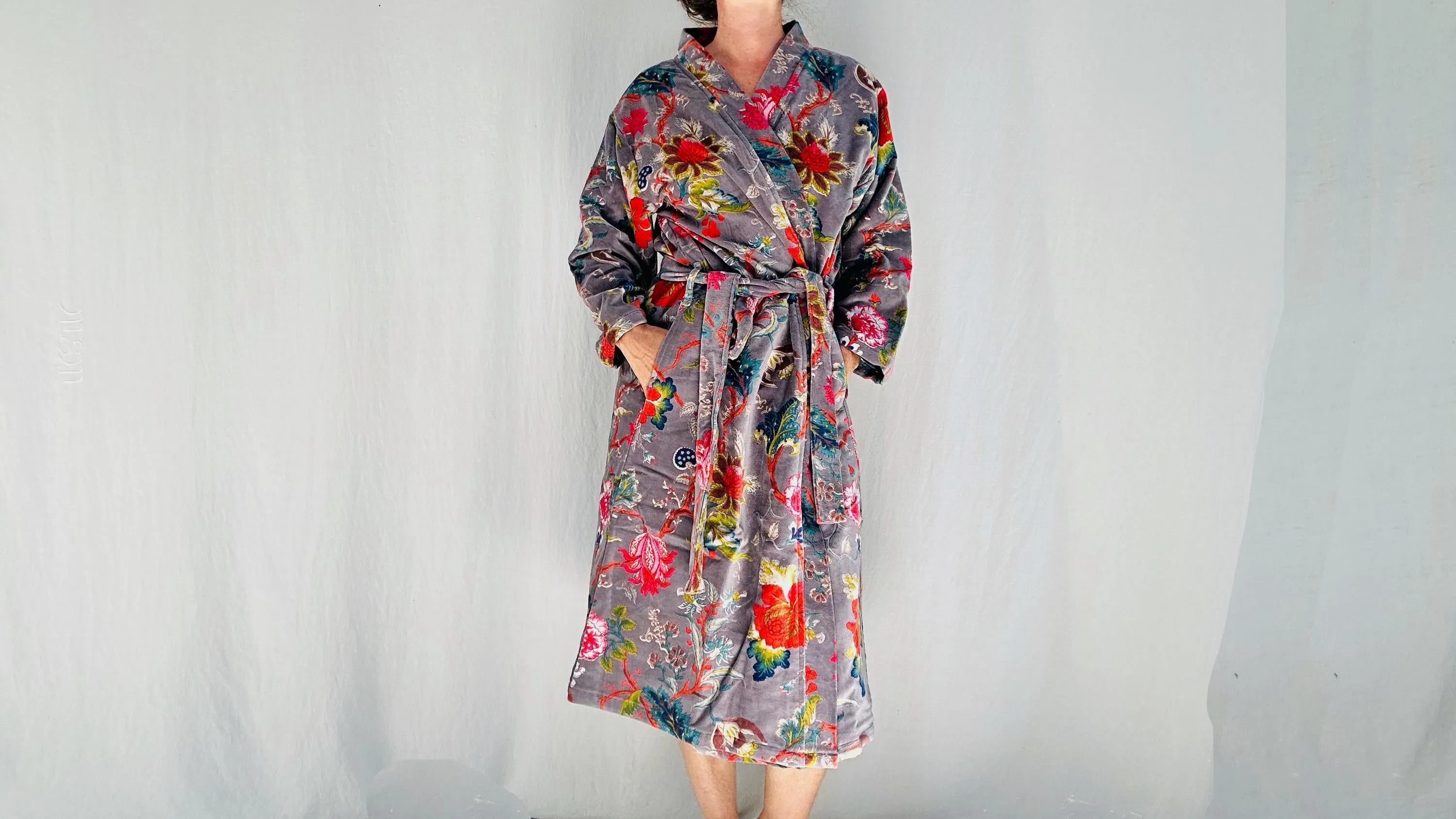Cotton Velvet Luxurious Printed Robe. Floral Velveteen Bathrobe