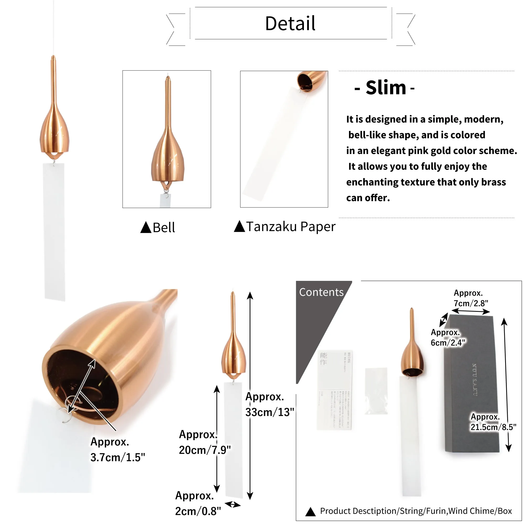 Furin,Japanese Wind Chime: Slim- Brass,Nosaku Brand