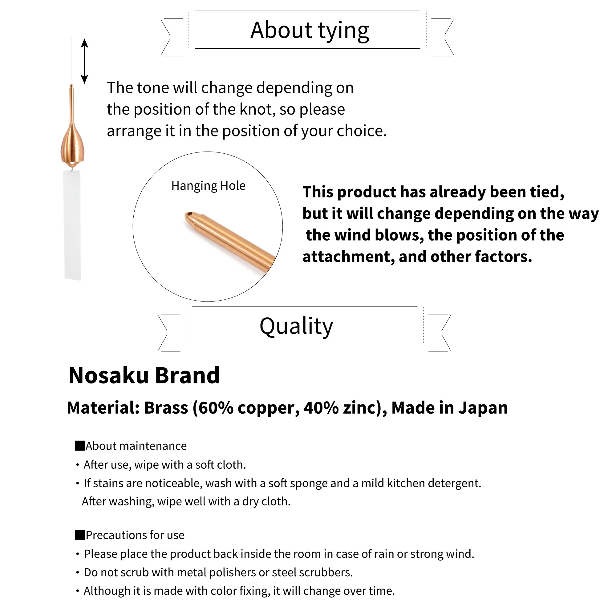Furin,Japanese Wind Chime: Slim- Brass,Nosaku Brand