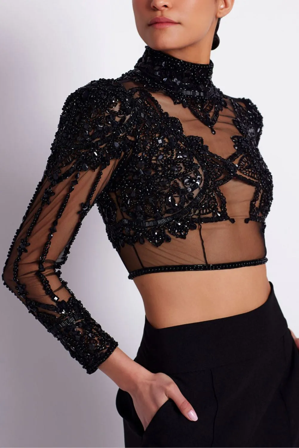 HAND BEADED TULLE CROPPED TOP (EXCLUSIVE)