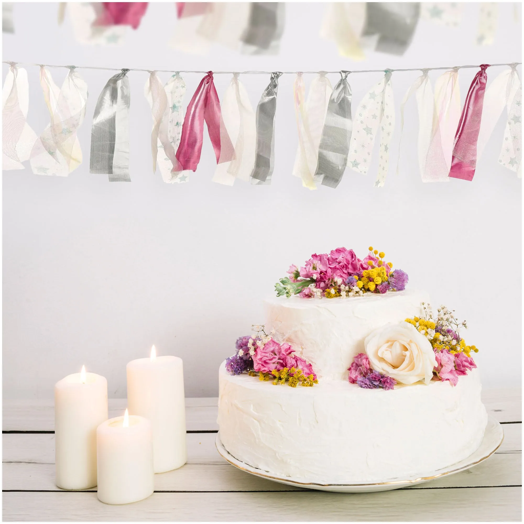 Luminous Ribbon Garland Party Decoration in Irridescent Pink, Silver, and White