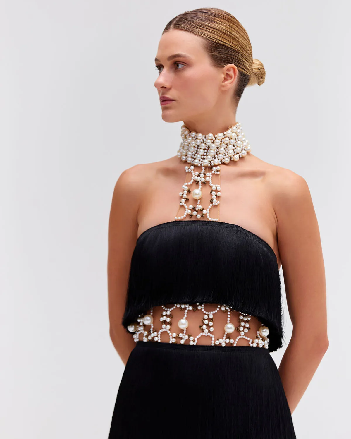 PEARL AND FRINGE HALTERNECK MINI DRESS (EXCLUSIVE)