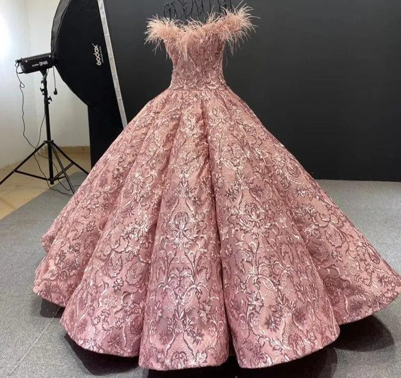 Pink High-end Feathers Sequins Bridal Gown