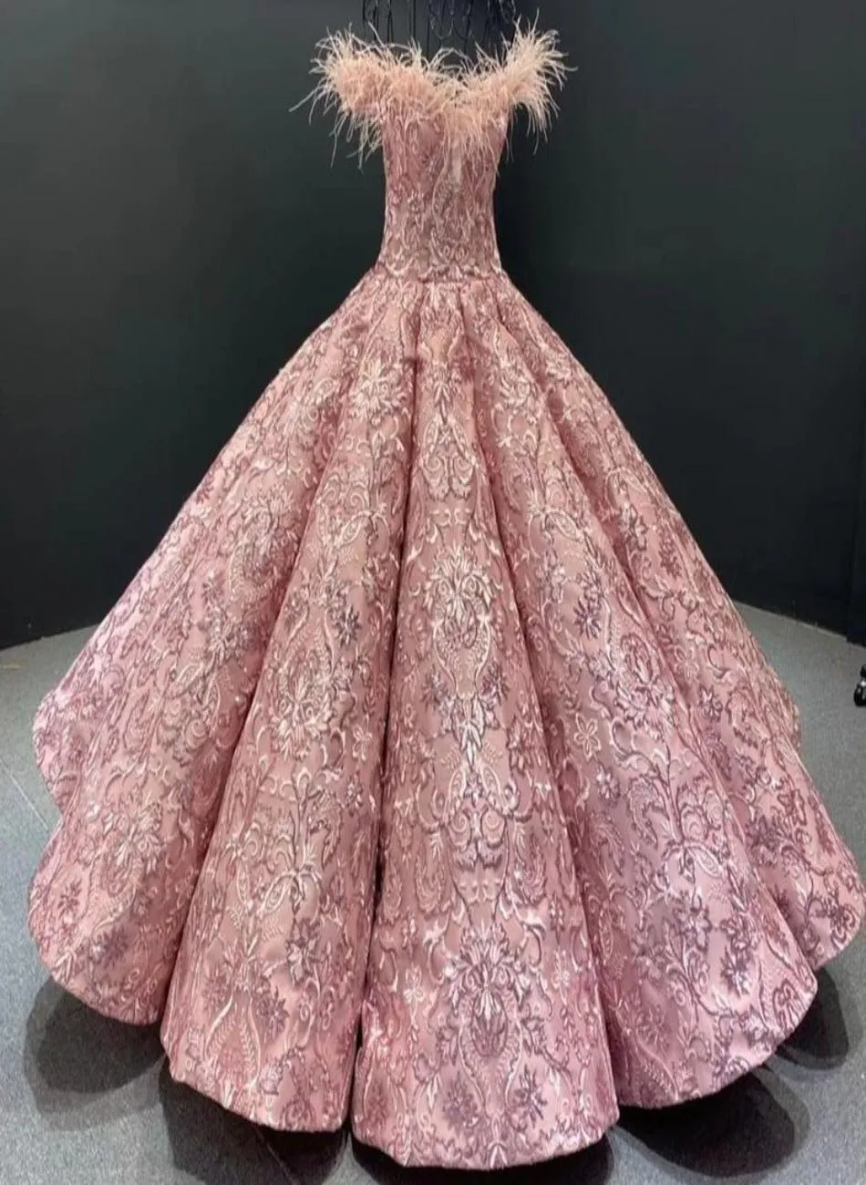 Pink High-end Feathers Sequins Bridal Gown