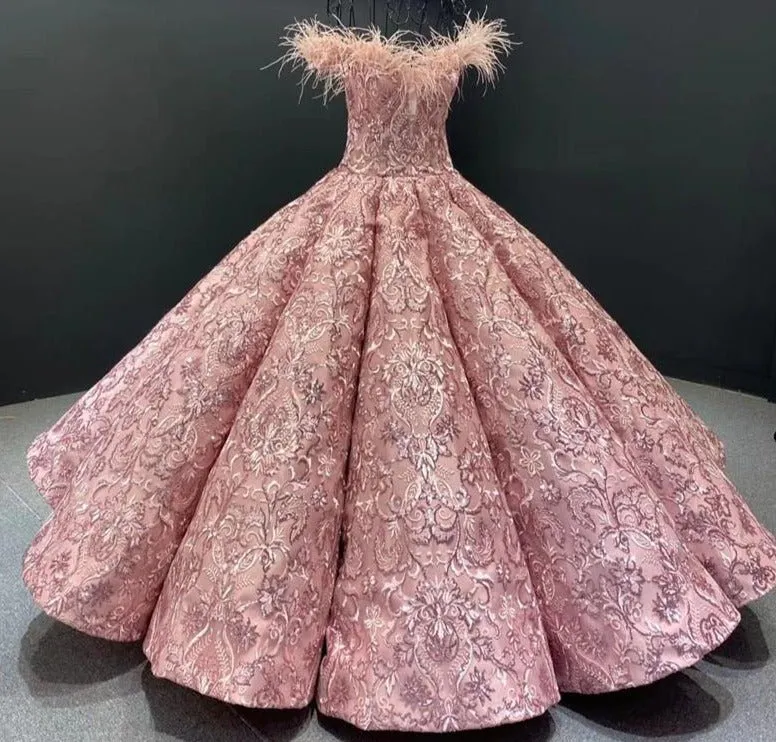 Pink High-end Feathers Sequins Bridal Gown