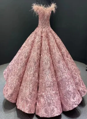Pink High-end Feathers Sequins Bridal Gown