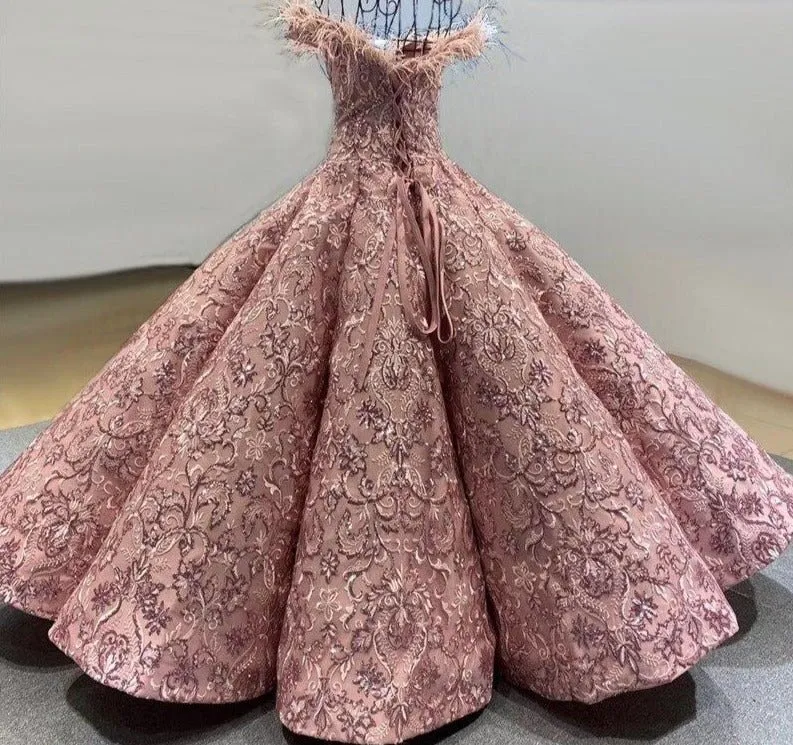 Pink High-end Feathers Sequins Bridal Gown